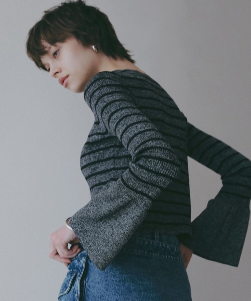 BAYFLOW（ベイフロー）の「【EF(エフ)】袖フリルボーダーニット（WOMEN）（ニット/セーター・レディース・ブラック/ライトグリーン・FREE）」の13枚目の写真