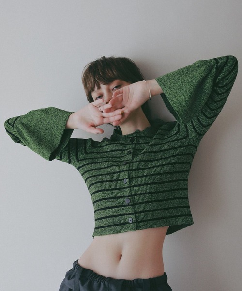 BAYFLOW（ベイフロー）の「【EF(エフ)】袖フリルボーダーニット（WOMEN）（ニット/セーター・レディース・ブラック/ライトグリーン・FREE）」の21枚目の写真