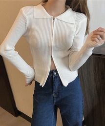 襟付き フロントジップ リブニットトップス