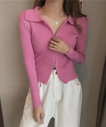 襟付き フロントジップ リブニットトップス
