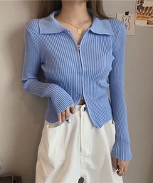 襟付き フロントジップ リブニットトップス