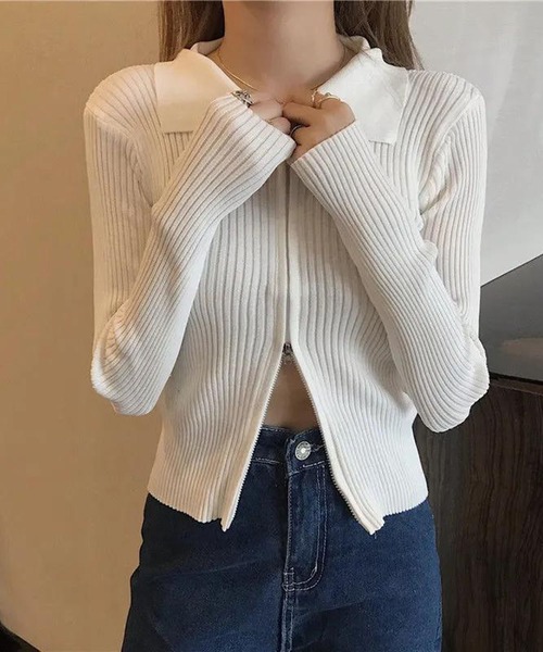 lulufa(ルルファ)の「襟付き フロントジップ リブニットトップス(ニット/セーター・レディース・ブラック/ブルー/ホワイト/ピンク・FREE)」の6枚目の写真