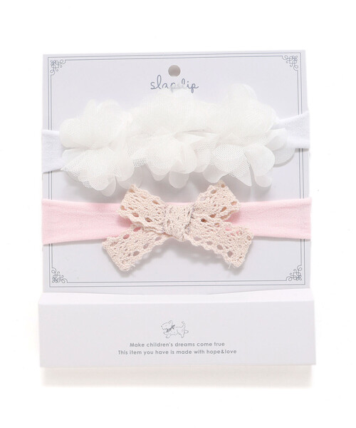 SLAP SLIP BABY(スラップスリップベビー)の「ふわふわフラワー+レースリボンヘアカチューム2点セットベビー(その他ベビー用品・キッズ・ホワイト/ピンク/ブルー・FREE)」の1枚目の写真