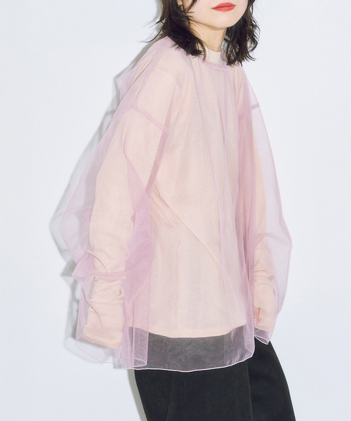 CITYSHOP(シティーショップ)の「《追加2》TULLE T-SHIRTS:ブラウス(シャツ/ブラウス・レディース・ネイビー/ピンク・FREE)」の2枚目の写真