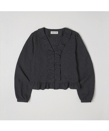 Ruffle v-neck check blouse [FRSP05BL01]_Charcoal