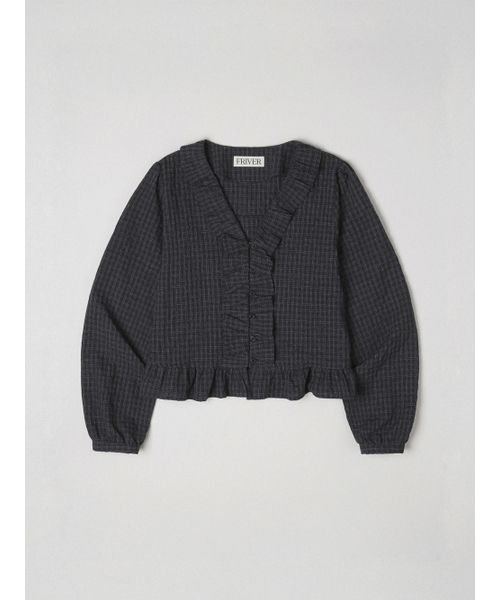 FRIVER07（フリバー07）の「Ruffle v-neck check blouse [FRSP05BL01]_Charcoal（シャツ/ブラウス・レディース・チャコール・FREE）」の2枚目の写真