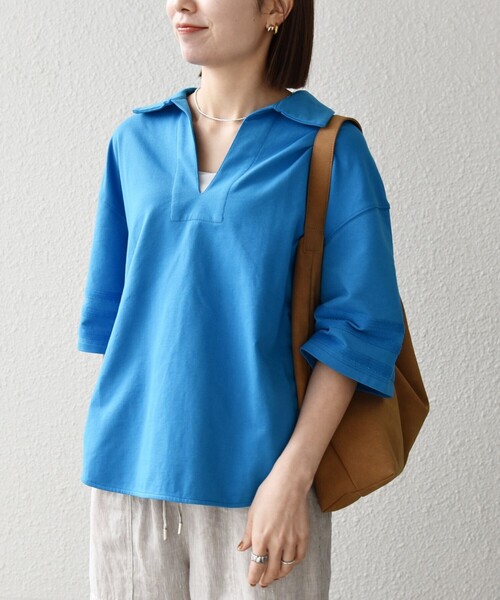 SHIPS any(シップス エニィ)の「SHIPS any:〈洗濯機可能〉インレイ 襟付き スキッパー ハーフスリーブ プルオーバー(Tシャツ/カットソー・レディース・ブルー/チャコールグレー/ホワイト・ONE SIZE)」の22枚目の写真