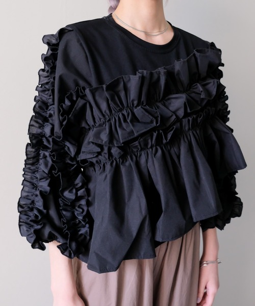 DOLLUPOOPS(ドールアップウップス)の「Volume Frill Top(ボリュームフリルトップス)(Tシャツ/カットソー・レディース・オフホワイト/ブラック・FREE)」の7枚目の写真