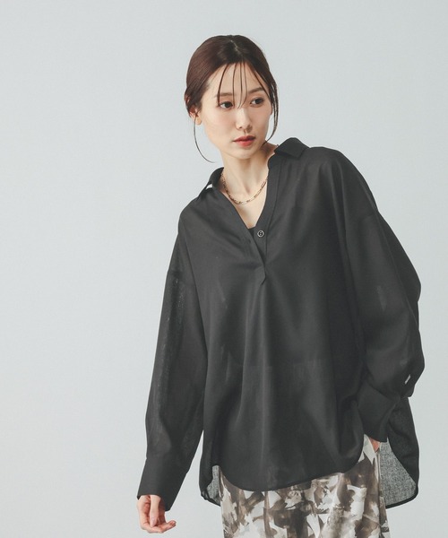 GLOBAL WORK（グローバルワーク）の「イージーケアリネンスキッパー/611203（シャツ/ブラウス・レディース・ネイビー/スカイブルー/ブラウン系その他6/ライトベージュ/ブラック・LARGE/MEDIUM）」の2枚目の写真