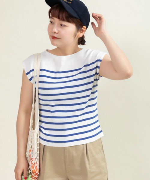 CHILD WOMAN(チャイルドウーマン)の「ハイツイストコットン総針リブパネルボーダー フレンチスリーブプルオーバー(ニット/セーター・レディース・ブルー・FREE)」の2枚目の写真
