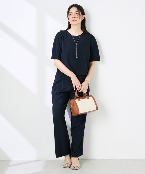 NOLLEY’S(ノーリーズ)の「《セットアップ対応》ウォッシャブル麻調5分袖ブラウス(シャツ/ブラウス・レディース・ネイビー/ベージュ・36/38)」の3枚目の写真