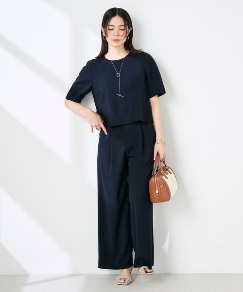 NOLLEY’S(ノーリーズ)の「《セットアップ対応》ウォッシャブル麻調5分袖ブラウス(シャツ/ブラウス・レディース・ネイビー/ベージュ・36/38)」の4枚目の写真
