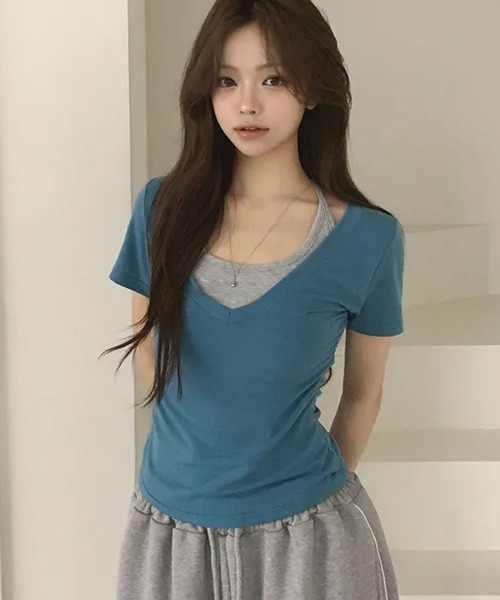 VIVID LADY(ビビッドレディー)の「ホルターネックドッキング 半袖Tシャツ(Tシャツ/カットソー・レディース・チャコールグレー/グレー/ブラック/ブルー・FREE)」の16枚目の写真