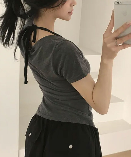 VIVID LADY(ビビッドレディー)の「ホルターネックドッキング 半袖Tシャツ(Tシャツ/カットソー・レディース・チャコールグレー/グレー/ブラック/ブルー・FREE)」の14枚目の写真
