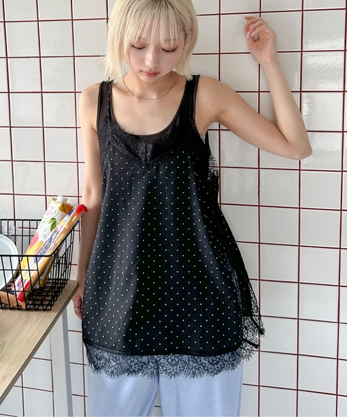 PILIT(ピリット)の「ドット×レースキャミソール(その他トップス・レディース・ブラック/アイボリー・MEDIUM)」の1枚目の写真
