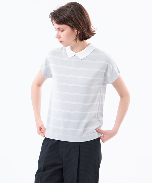 MACKINTOSH PHILOSOPHY(マッキントッシュ フィロソフィー)の「【Bicolor Knit Polo】ボーダー半袖(ニット/セーター・レディース・ブラウン系その他4/ダークネイビー/グレー系その他・38)」の1枚目の写真