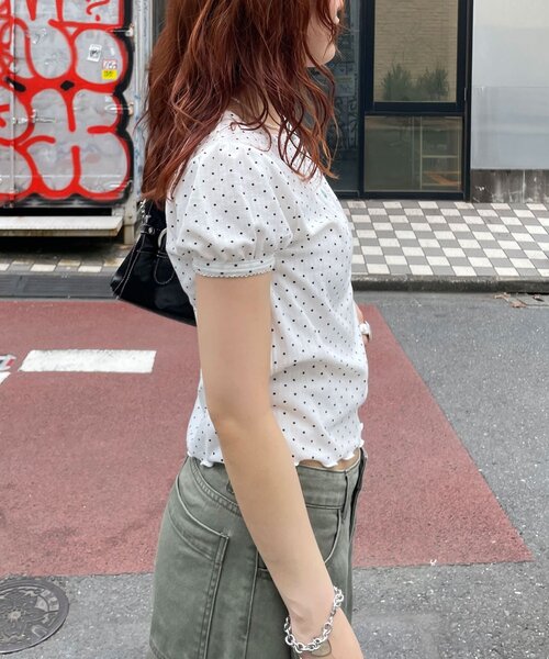 CIAOPANIC(チャオパニック)の「ドットパフスリーブヘンリーネックTEE(Tシャツ/カットソー・レディース・ホワイト/ネイビー・FREE)」の7枚目の写真