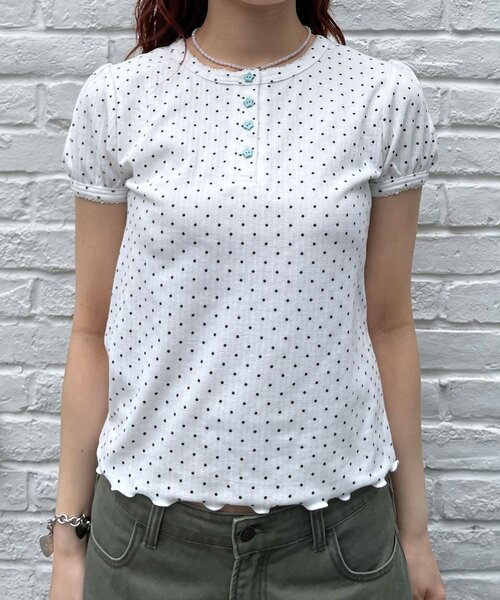 CIAOPANIC(チャオパニック)の「ドットパフスリーブヘンリーネックTEE(Tシャツ/カットソー・レディース・ホワイト/ネイビー・FREE)」の14枚目の写真