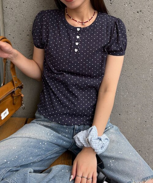 CIAOPANIC(チャオパニック)の「ドットパフスリーブヘンリーネックTEE(Tシャツ/カットソー・レディース・ホワイト/ネイビー・FREE)」の18枚目の写真