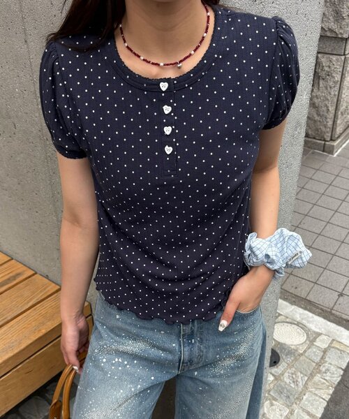 CIAOPANIC(チャオパニック)の「ドットパフスリーブヘンリーネックTEE(Tシャツ/カットソー・レディース・ホワイト/ネイビー・FREE)」の19枚目の写真