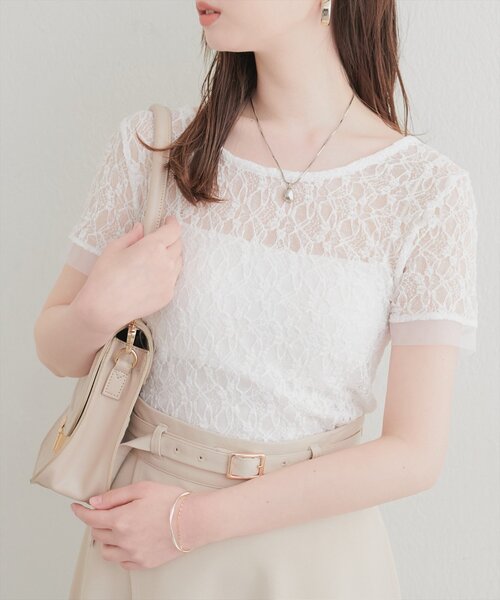 natural couture（ナチュラルクチュール）の「ストレッチレース半袖T（Tシャツ/カットソー・レディース・アイボリー/オフホワイト/ブラック・FREE）」の2枚目の写真