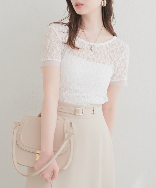 natural couture（ナチュラルクチュール）の「ストレッチレース半袖T（Tシャツ/カットソー・レディース・アイボリー/オフホワイト/ブラック・FREE）」の4枚目の写真