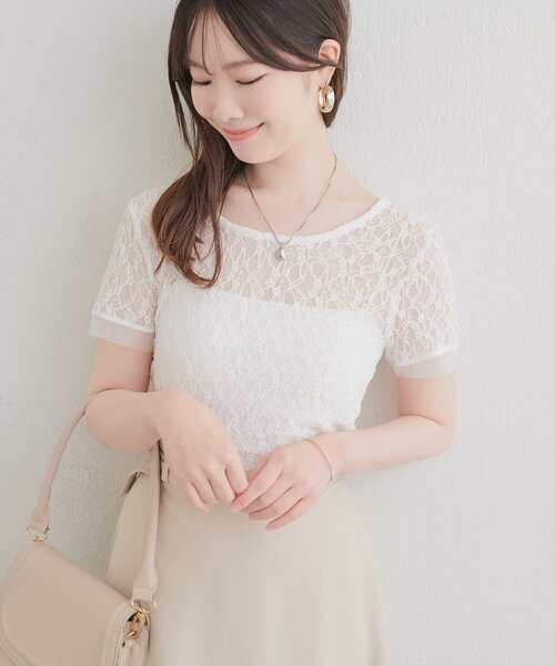 natural couture（ナチュラルクチュール）の「ストレッチレース半袖T（Tシャツ/カットソー・レディース・アイボリー/オフホワイト/ブラック・FREE）」の6枚目の写真