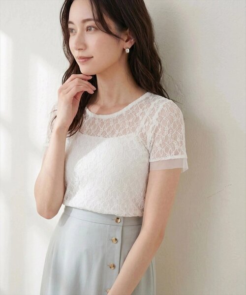 natural couture（ナチュラルクチュール）の「ストレッチレース半袖T（Tシャツ/カットソー・レディース・アイボリー/オフホワイト/ブラック・FREE）」の9枚目の写真