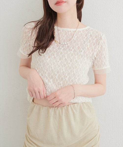 natural couture（ナチュラルクチュール）の「ストレッチレース半袖T（Tシャツ/カットソー・レディース・アイボリー/オフホワイト/ブラック・FREE）」の3枚目の写真