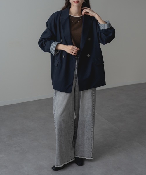refinedworks(リファインドワークス)の「【refinedworks】袖裏 ストライプ で垢抜ける! 袖折り返し ダブル テーラード ジャケット(テーラードジャケット・レディース・ネイビー/グレー/キャメル・FREE)」の22枚目の写真