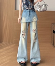 カットオフスカートレイヤードセミフレアダメージデニムパンツ