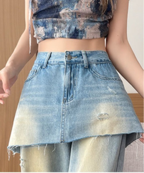 ＆soiree（アンドソワレ）の「カットオフスカートレイヤードセミフレアダメージデニムパンツ（デニムパンツ・レディース・ブルー・X-LARGE/LARGE/MEDIUM/SMALL/X-SMALL）」の7枚目の写真