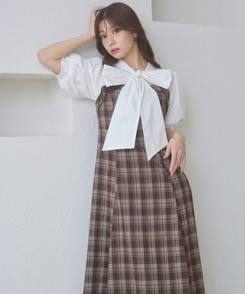 Ambre Neige(アンブルネージュ)の「bow tie lace up docking dress / ボウタイレースアップドッキングワンピース(ワンピース・レディース・ベージュ/ブラック系その他/ダークブラウン・FREE)」の1枚目の写真