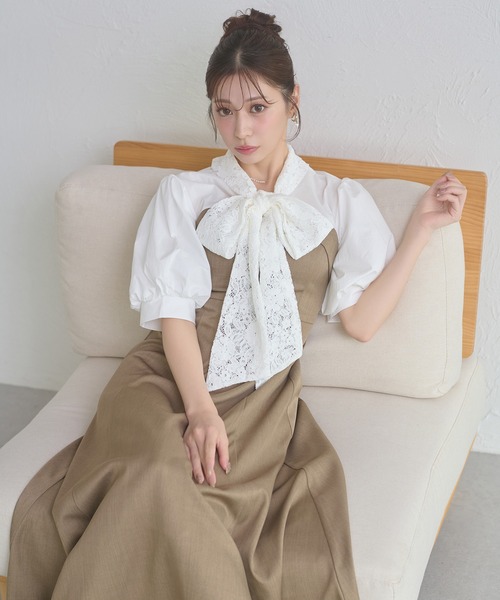 Ambre Neige(アンブルネージュ)の「bow tie lace up docking dress / ボウタイレースアップドッキングワンピース(ワンピース・レディース・ベージュ/ブラック系その他/ダークブラウン・FREE)」の3枚目の写真
