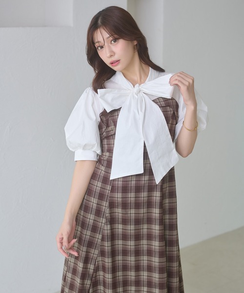 Ambre Neige(アンブルネージュ)の「bow tie lace up docking dress / ボウタイレースアップドッキングワンピース(ワンピース・レディース・ベージュ/ブラック系その他/ダークブラウン・FREE)」の14枚目の写真