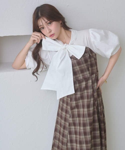 Ambre Neige(アンブルネージュ)の「bow tie lace up docking dress / ボウタイレースアップドッキングワンピース(ワンピース・レディース・ベージュ/ブラック系その他/ダークブラウン・FREE)」の19枚目の写真