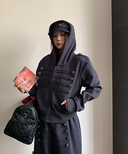 Dalfwin(ダールフィン)の「【セットアップ可能】ナポレオンデザインショート丈ジップアップフーディー(スウェット・レディース・ネイビー・FREE)」の1枚目の写真