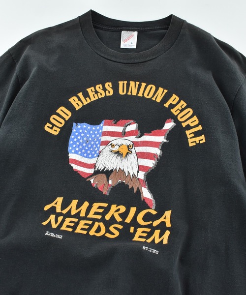 JERZEES(ジャージーズ)の「【USED】90’s JERZEES “GOD BLESS UNION PEOPLE” アニマル Tシャツ USA製(Tシャツ/カットソー・メンズ・ブラック・LARGE)」の2枚目の写真