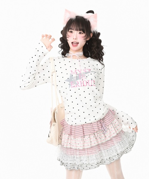 GEMEDA(ジェメダ)の「ドット柄スタープリントロングTシャツ(Tシャツ/カットソー・レディース・ホワイト/ネイビー/グリーン・M)」の7枚目の写真