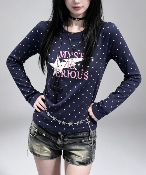 GEMEDA(ジェメダ)の「ドット柄スタープリントロングTシャツ(Tシャツ/カットソー・レディース・ホワイト/ネイビー/グリーン・M)」の10枚目の写真