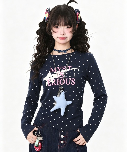 GEMEDA(ジェメダ)の「ドット柄スタープリントロングTシャツ(Tシャツ/カットソー・レディース・ホワイト/ネイビー/グリーン・M)」の11枚目の写真