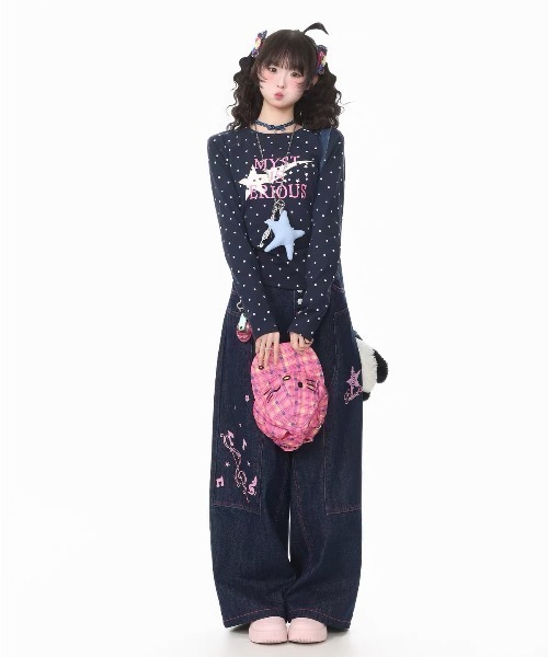 GEMEDA(ジェメダ)の「ドット柄スタープリントロングTシャツ(Tシャツ/カットソー・レディース・ホワイト/ネイビー/グリーン・M)」の13枚目の写真