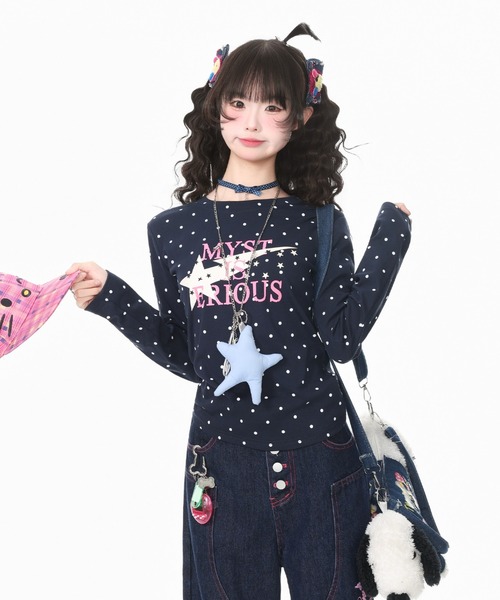 GEMEDA(ジェメダ)の「ドット柄スタープリントロングTシャツ(Tシャツ/カットソー・レディース・ホワイト/ネイビー/グリーン・M)」の14枚目の写真