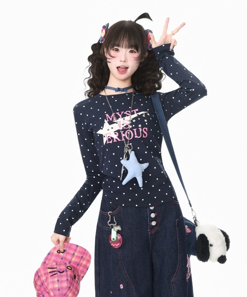 GEMEDA(ジェメダ)の「ドット柄スタープリントロングTシャツ(Tシャツ/カットソー・レディース・ホワイト/ネイビー/グリーン・M)」の15枚目の写真