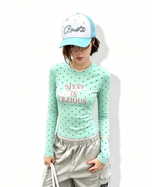 GEMEDA(ジェメダ)の「ドット柄スタープリントロングTシャツ(Tシャツ/カットソー・レディース・ホワイト/ネイビー/グリーン・M)」の21枚目の写真