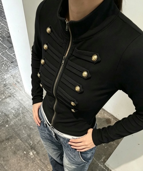 GEMEDA(ジェメダ)の「ダブルボタンデザインウエストシルエットデザイン長袖トップス(カーディガン/ボレロ・レディース・モカ/ブラック/ホワイト・M)」の13枚目の写真