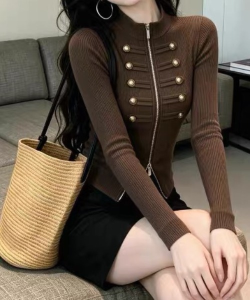 GEMEDA(ジェメダ)の「ダブルボタンデザインウエストシルエットデザイン長袖トップス(カーディガン/ボレロ・レディース・モカ/ブラック/ホワイト・M)」の15枚目の写真