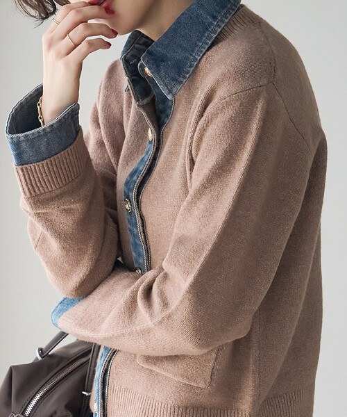 FREAK'S STORE(フリークスストア)の「異素材ドッキングニット/デニムドッキング ニットカーディガン(カーディガン/ボレロ・レディース・ブラック/グレー/ベージュ・フリ-)」の3枚目の写真