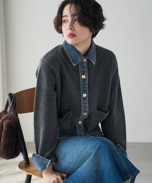 FREAK'S STORE(フリークスストア)の「異素材ドッキングニット/デニムドッキング ニットカーディガン(カーディガン/ボレロ・レディース・ブラック/グレー/ベージュ・フリ-)」の1枚目の写真