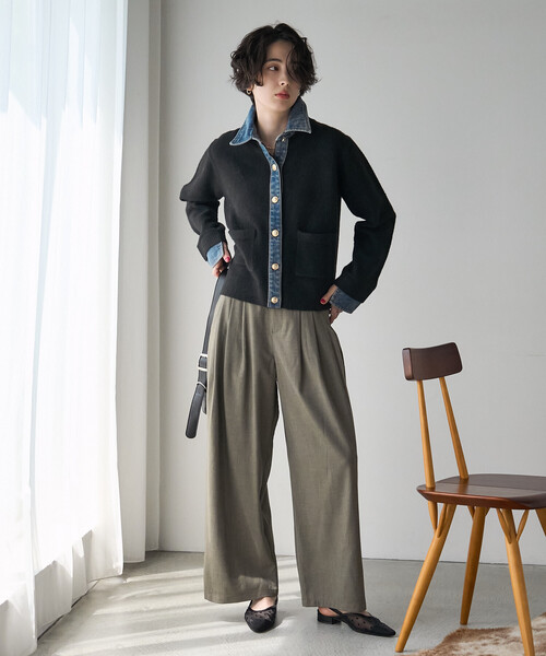 FREAK'S STORE(フリークスストア)の「異素材ドッキングニット/デニムドッキング ニットカーディガン(カーディガン/ボレロ・レディース・ブラック/グレー/ベージュ・フリ-)」の4枚目の写真